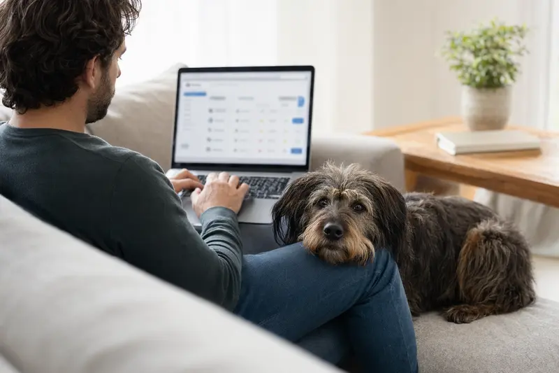 Ein Hundebesitzer sitzt auf dem Sofa mit einem Laptop, während ein Böhmischer Rauhbart Hund neben ihm sitzt.
