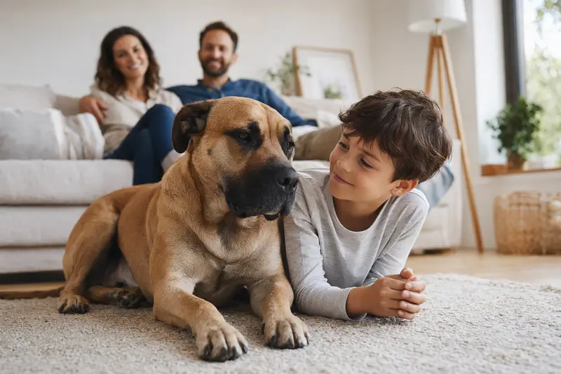 Ein freundlicher Boerboel Hund liegt entspannt neben einem Kind im Wohnzimmer.