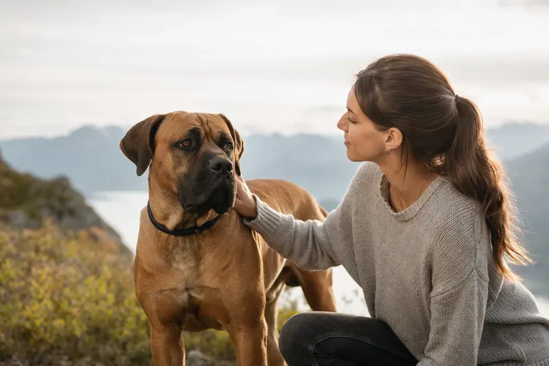 Ein aufmerksamer Boerboel Hund in natürlicher Haltung vor neutralem Hintergrund, der die typischen Merkmale der Rasse zeigt.