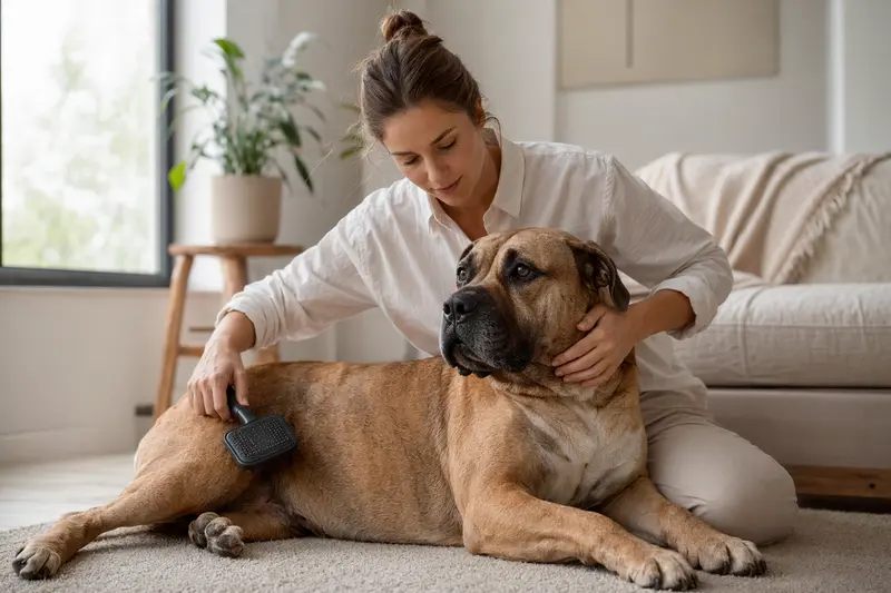 Ein Boerboel Hund wird in einer hellen Wohnung von seinem Besitzer sanft gebürstet und gepflegt.
