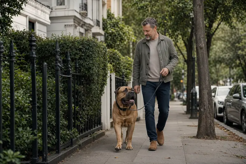 Ein Boerboel läuft an der Leine mit seinem Besitzer durch eine saubere, moderne Stadtstraße im natürlichen Licht.