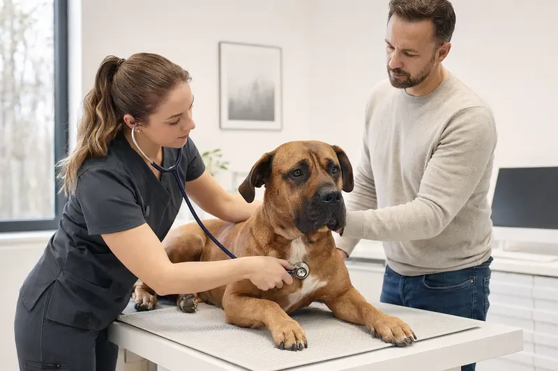 Ein Boerboel Hund wird von einer freundlichen Tierärztin auf einem Untersuchungstisch sorgfältig mit einem Stethoskop untersucht.
