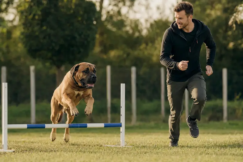 Ein aktiver Boerboel springt mit seinem Besitzer über eine kleine Trainingshürde auf dem Hundeplatz.