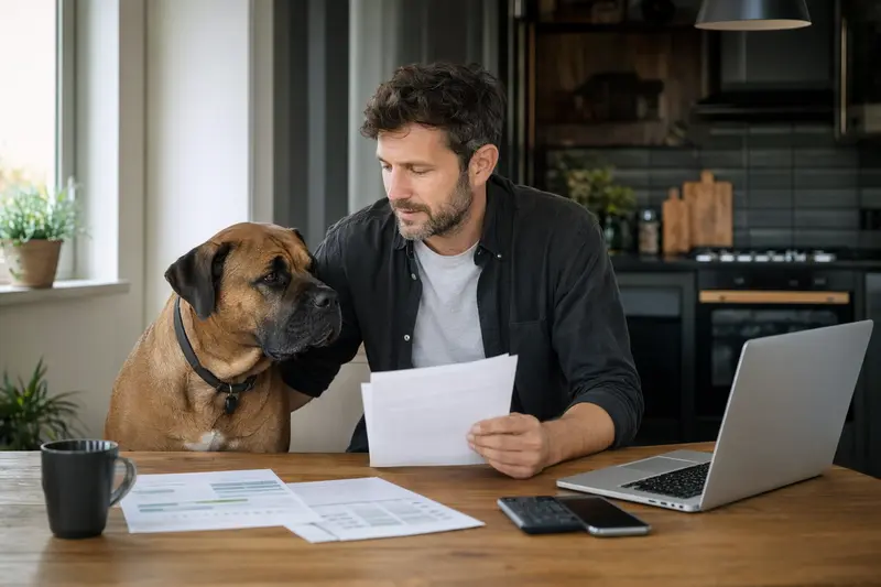 Ein Boerboel Hund sitzt neben seinem Besitzer am Küchentisch mit Versicherungsunterlagen und einem Laptop.