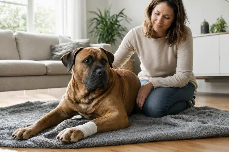 Ein Boerboel Hund mit leichtem Verband an der Pfote liegt neben seinem erleichterten Besitzer in einer hellen Wohnung.