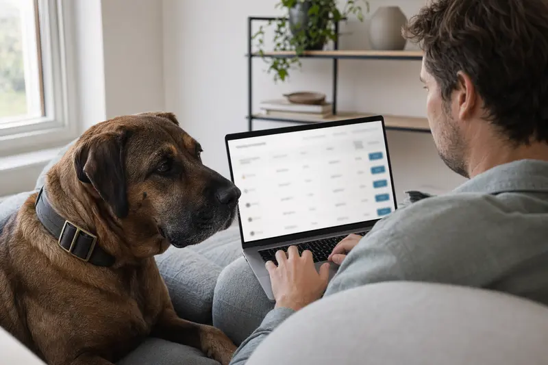 Ein Hundebesitzer arbeitet am Laptop auf dem Sofa, während ein Boerboel Hund entspannt daneben liegt und eine Versicherungsvergleichsseite betrachtet wird.