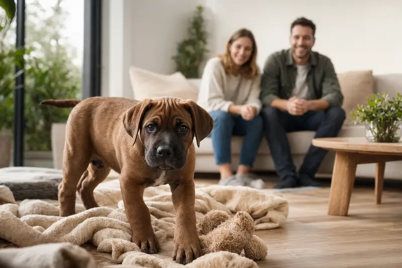 Ein junger Boerboel Welpe erkundet neugierig sein neues Zuhause mit einer weichen Decke und Spielzeug im Hintergrund.