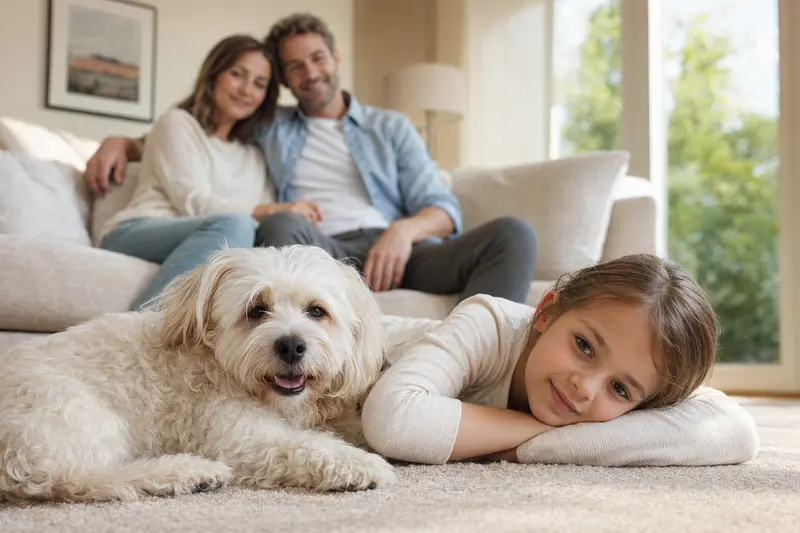 Ein entspannter Bologneser Hund liegt neben einem Kind im Wohnzimmer und vermittelt eine vertrauensvolle Familienatmosphäre.