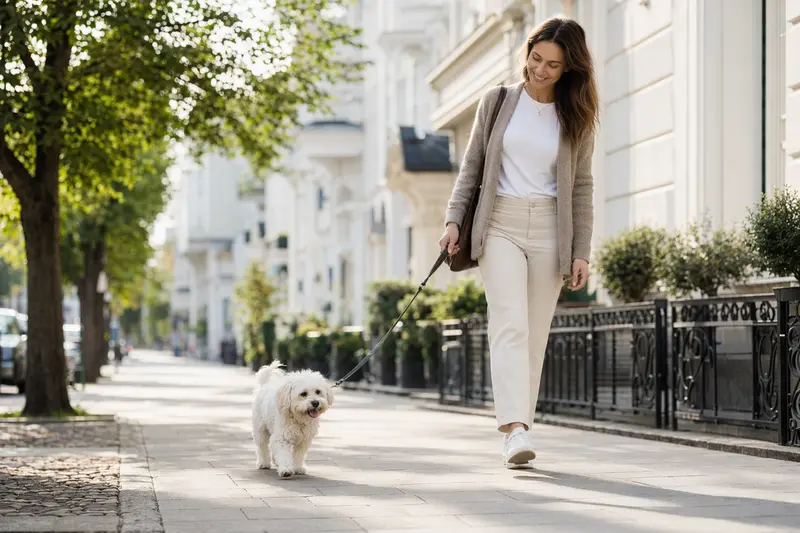 Ein Bologneser Hund läuft an der Leine mit seinem Besitzer durch eine moderne Stadtstraße.