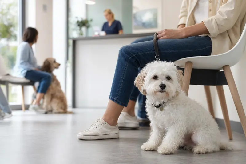 Ein Bologneser Hund sitzt ruhig neben seinem Besitzer im hellen Wartezimmer einer modernen Tierarztpraxis.