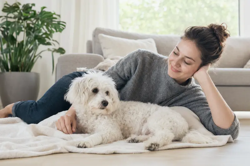 Ein Bologneser Hund mit leichtem Verband liegt beruhigt auf einer Decke, während sein Besitzer erleichtert neben ihm sitzt.