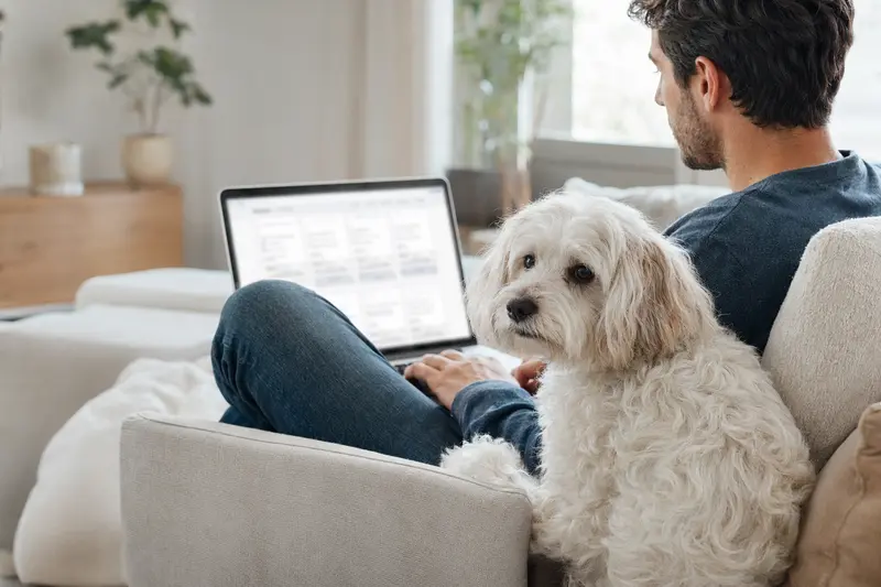 Ein Hundebesitzer mit Laptop auf dem Sofa, während ein Bologneser Hund daneben sitzt und die Versicherungsvergleichs-Oberfläche auf dem Bildschirm betrachtet.