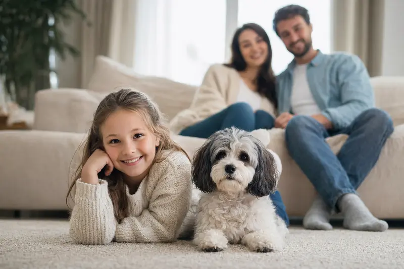 Ein freundlicher Bolonka Franzuska Hund entspannt neben einem Kind im Wohnzimmer.
