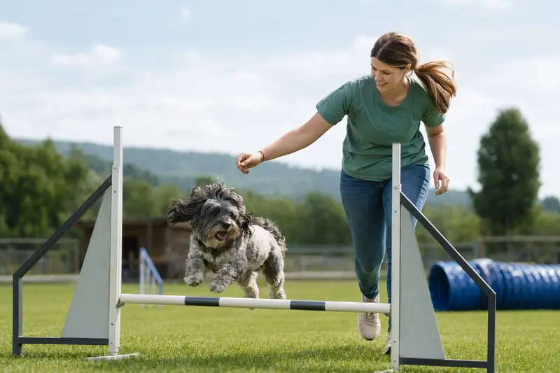 Ein Bolonka Franzuska trainiert mit seinem Besitzer auf einem Hundeplatz über eine kleine Hürde.