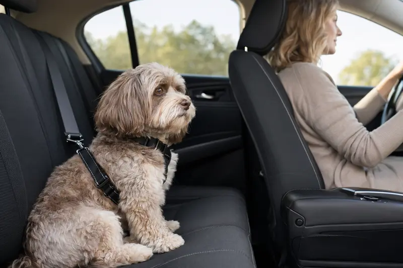 Ein Bolonka Franzuska Hund sitzt sicher angeschnallt auf der Rückbank eines Autos, während der Besitzer fährt.