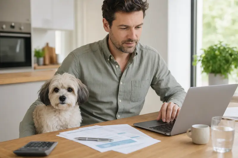 Ein Bolonka Franzuska Hund sitzt entspannt neben seinem Besitzer am Küchentisch, auf dem Versicherungsunterlagen und ein Laptop liegen.