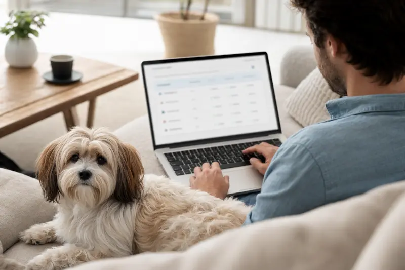 Ein Hundebesitzer sitzt entspannt mit einem Laptop auf dem Sofa, neben ihm ein Bolonka Franzuska, während er einen Versicherungsvergleich für Tierarztkosten durchführt.