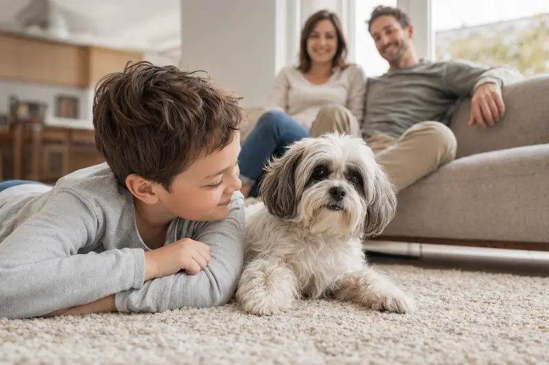 Ein freundlicher Bolonka Zwetna Hund entspannt neben einem Kind im Wohnzimmer.