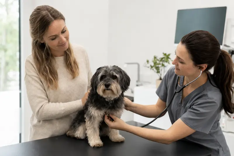 Ein freundlicher Bolonka Zwetna Hund wird behutsam von einer Tierärztin in einer modernen Praxis untersucht.