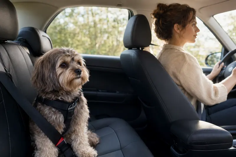 Ein Bolonka Zwetna Hund sitzt sicher im Auto und zeigt Fürsorge für seine Sicherheit.