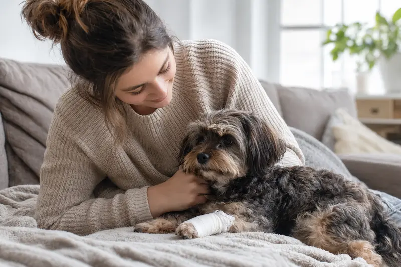 Ein Bolonka Zwetna Hund mit Verband an der Pfote liegt ruhig auf einer Decke neben seinem Besitzer, der erleichtert wirkt.