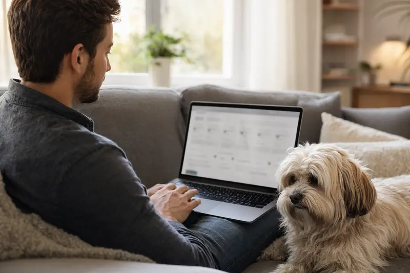Ein Hund sitzt neben seinem Besitzer auf dem Sofa, während dieser entspannt am Laptop arbeitet und einen Versicherungsvergleich für Haustiere prüft.