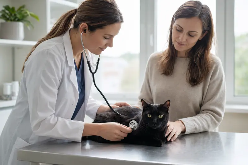 Ruhige Bombay Katze auf einem Untersuchungstisch, während eine freundliche Tierärztin sie mit einem Stethoskop untersucht.
