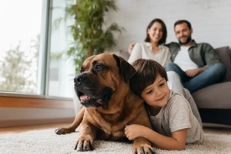 Bordeauxdogge liegt entspannt neben einem Kind im Wohnzimmer einer Familie, während Eltern im Hintergrund für eine sichere und vertrauensvolle Atmosphäre sorgen.