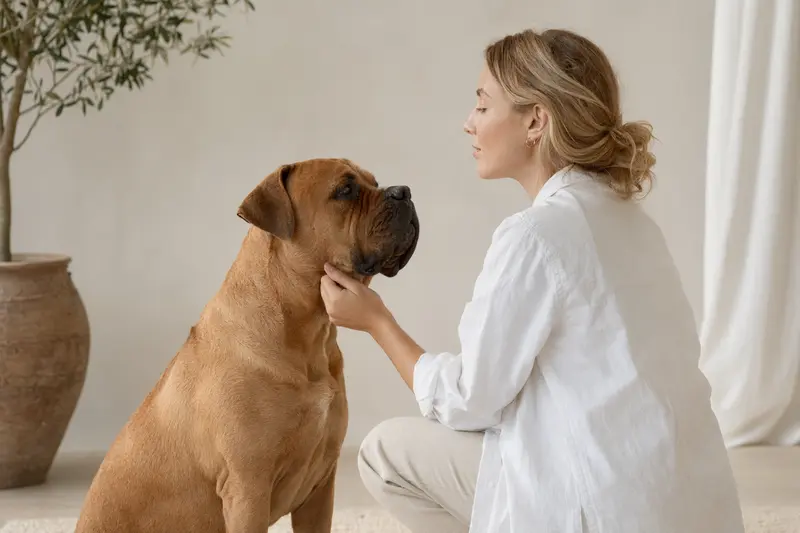 Aufmerksam stehende Bordeauxdogge in natürlicher Haltung vor hellem neutralem Hintergrund, als realistisches Tierportrait mit weichem Licht.