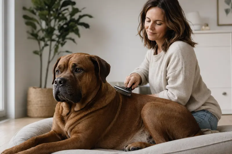 Eine Bordeauxdogge wird zuhause von ihrem Besitzer sanft gebürstet, was liebevolle Fellpflege und verantwortungsvolle Hundegesundheit zeigt.