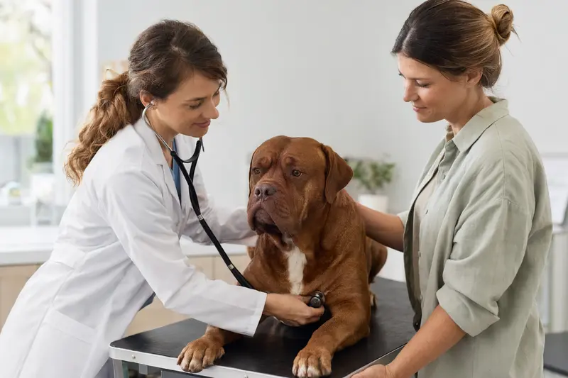 Eine ruhige Bordeauxdogge wird in einer modernen Tierarztpraxis von einer Tierärztin mit dem Stethoskop untersucht, während der Besitzer beruhigend danebensteht.