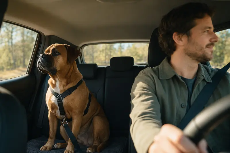 Bordeauxdogge sitzt sicher angeschnallt auf der Rückbank eines Autos, während der Besitzer ruhig fährt.