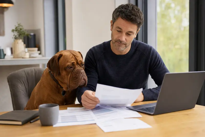 Bordeauxdogge sitzt ruhig neben ihrem Besitzer am Küchentisch mit Versicherungsunterlagen und Laptop zur Tierkrankenversicherung.