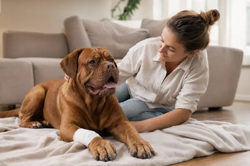 Eine Bordeauxdogge mit leichtem Verband an der Pfote liegt ruhig auf einer Decke, während ihr Besitzer erleichtert neben ihr sitzt.