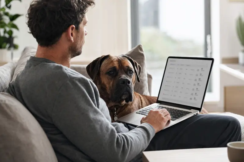Ein Hundebesitzer arbeitet entspannt am Laptop auf dem Sofa, während ein Bordeauxdogge neben ihm sitzt.