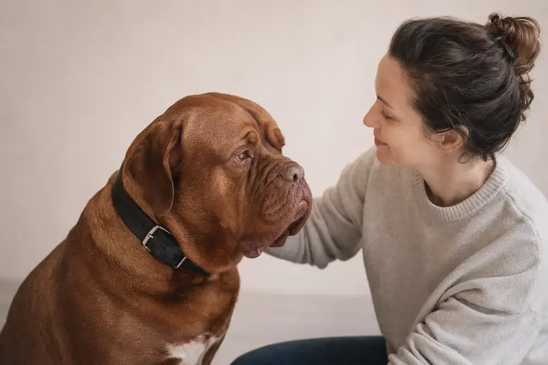 Aufmerksame Bordeauxdogge in natürlicher Haltung vor hellem neutralem Hintergrund, als realistisches Tierportrait für einen Ratgeber zu Hundegesundheit und Versicherung.
