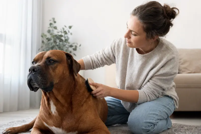 Eine Bordeauxdogge wird in einer hellen Wohnung sanft gebürstet, während der Besitzer die Fellpflege aufmerksam und liebevoll übernimmt.
