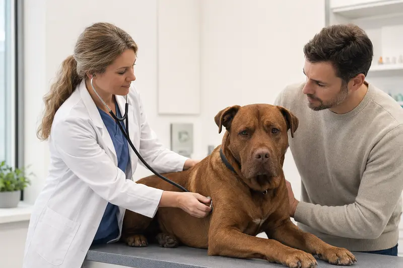 Eine freundliche Tierärztin untersucht einen ruhigen Bordeauxdogge auf einem Untersuchungstisch in einer modernen Tierarztpraxis.