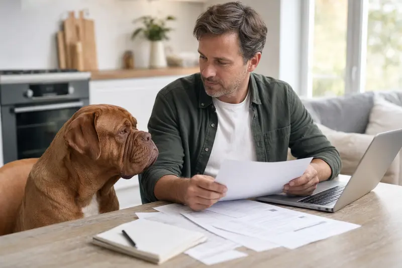 Eine Bordeauxdogge sitzt ruhig neben ihrem Besitzer am Küchentisch mit Versicherungsunterlagen und Laptop zur Tierkrankenversicherung.