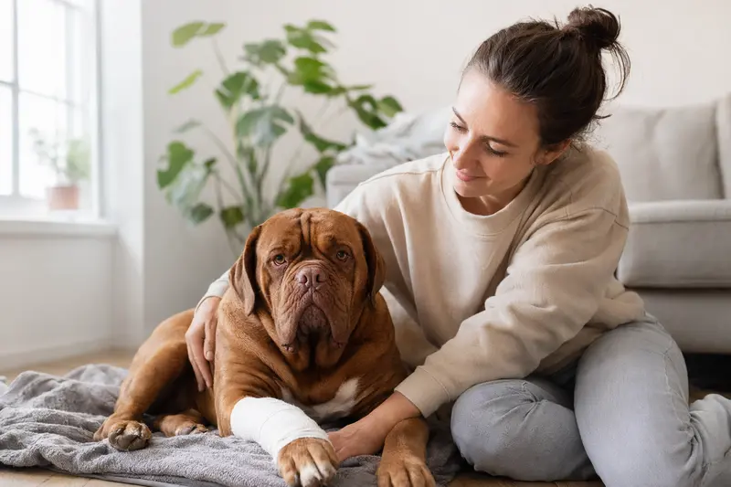 Bordeauxdogge mit leichtem Verband an der Pfote liegt ruhig auf einer Decke, während der Besitzer erleichtert daneben sitzt.