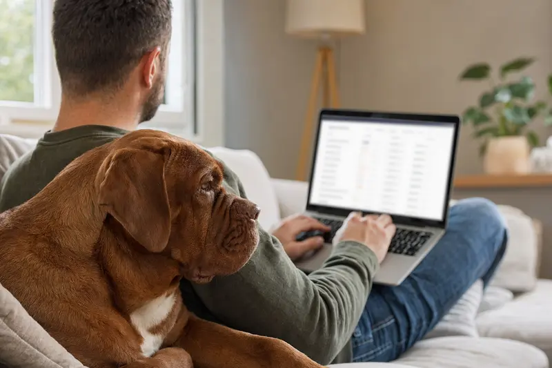 Ein Besitzer arbeitet am Laptop auf dem Sofa, während ein Bordeauxdogge Hund entspannt daneben sitzt.