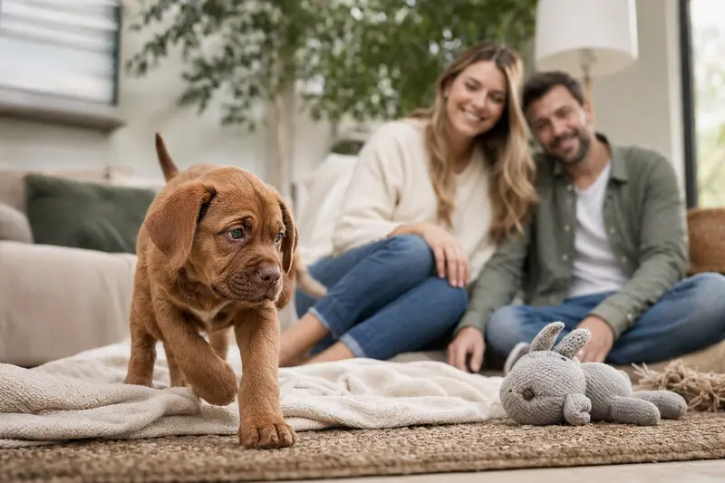 Ein neugieriger Bordeauxdogge Welpe erkundet liebevoll sein neues Zuhause und entdeckt eine weiche Decke sowie ein Spielzeug.