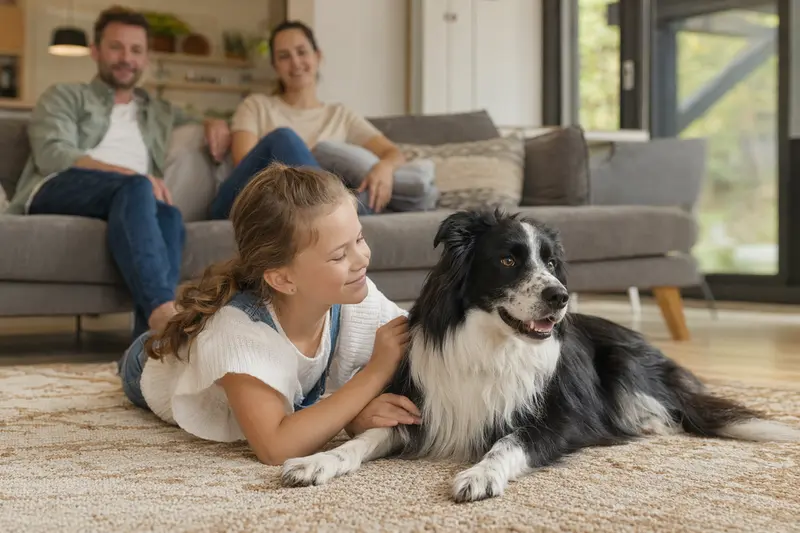 Ein entspannter Border Collie liegt neben einem Kind im Wohnzimmer und vermittelt eine vertrauensvolle Familienatmosphäre.