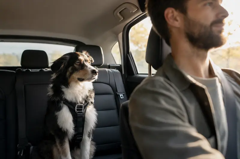 Ein sicher angeschnallter Border Collie auf der Rückbank eines Autos, während der Besitzer gefahren wird und Sonnenlicht durch das Fenster strömt.