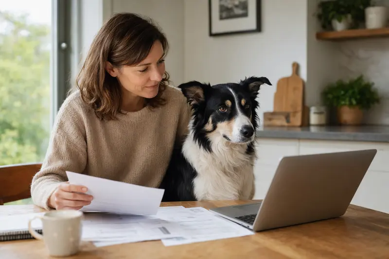 Ein ruhiger Border Collie sitzt an einem Küchentisch neben seinem Besitzer, auf dem Versicherungsunterlagen und ein Laptop mit Vergleichsseite liegen.