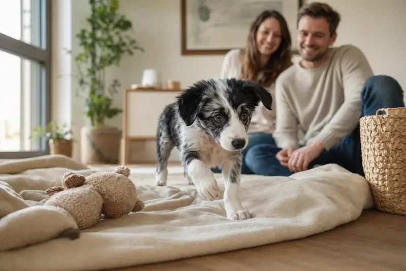 Ein junger Border Collie Welpe erkundet neugierig seine neue Umgebung mit einer weichen Decke und Spielzeug, während eine liebevolle Familie im Hintergrund zu sehen ist.