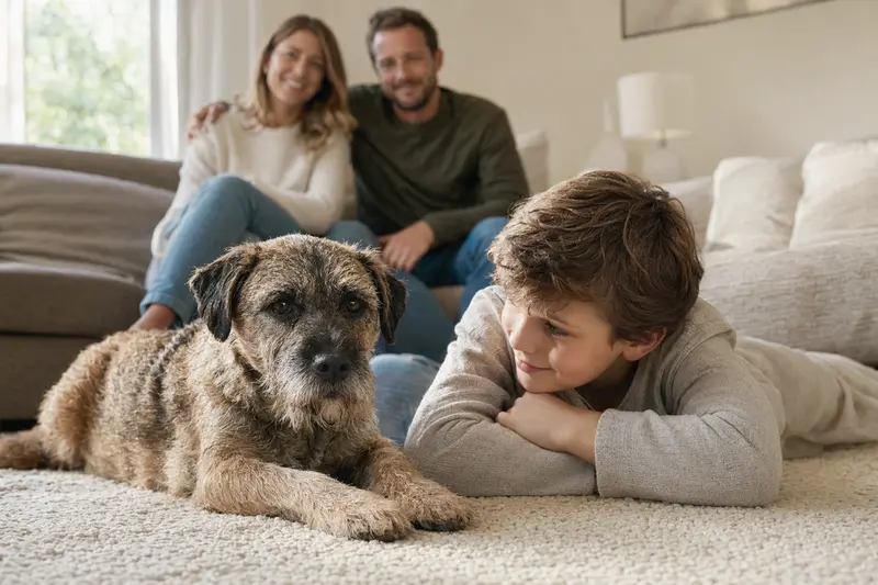 Ein entspannter Border Terrier liegt neben einem Kind im Wohnzimmer und vermittelt ein Gefühl von Sicherheit und Nähe.