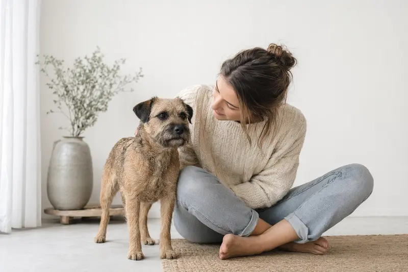 Ein aufmerksam stehender Border Terrier vor hellem Hintergrund als professionelles Hundeportrait.