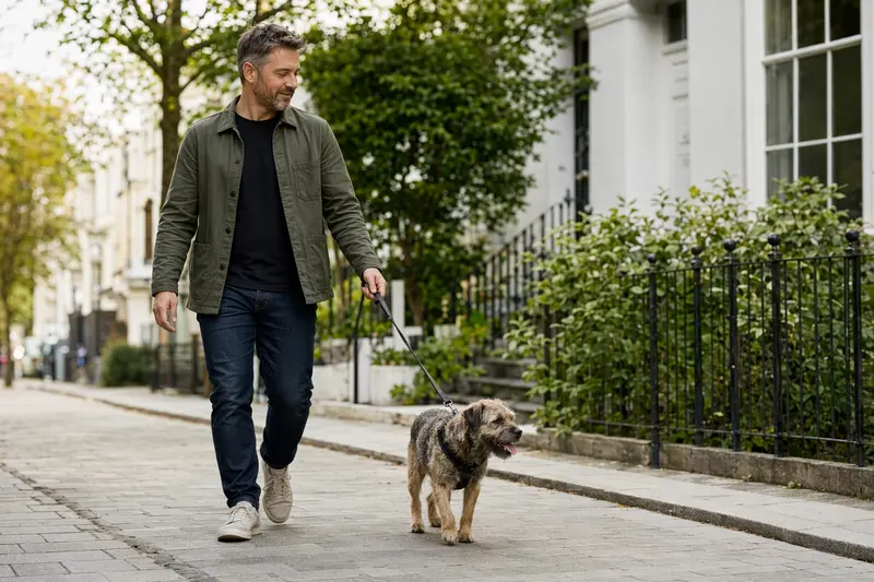 Ein Border Terrier läuft an der Leine mit seinem Besitzer entspannt durch eine moderne Stadtstraße.