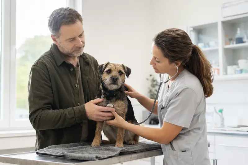 Ein Border Terrier auf dem Untersuchungstisch wird von einer freundlichen Tierärztin mit einem Stethoskop untersucht, während der Besitzer beruhigend daneben steht.